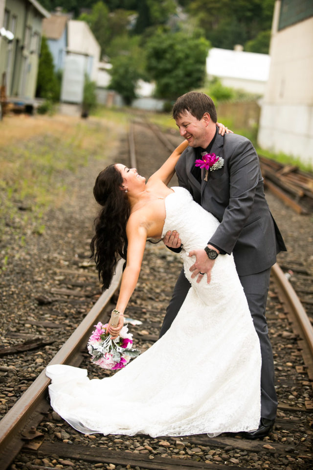 Jessica and Justin wedding photo by the train tracks